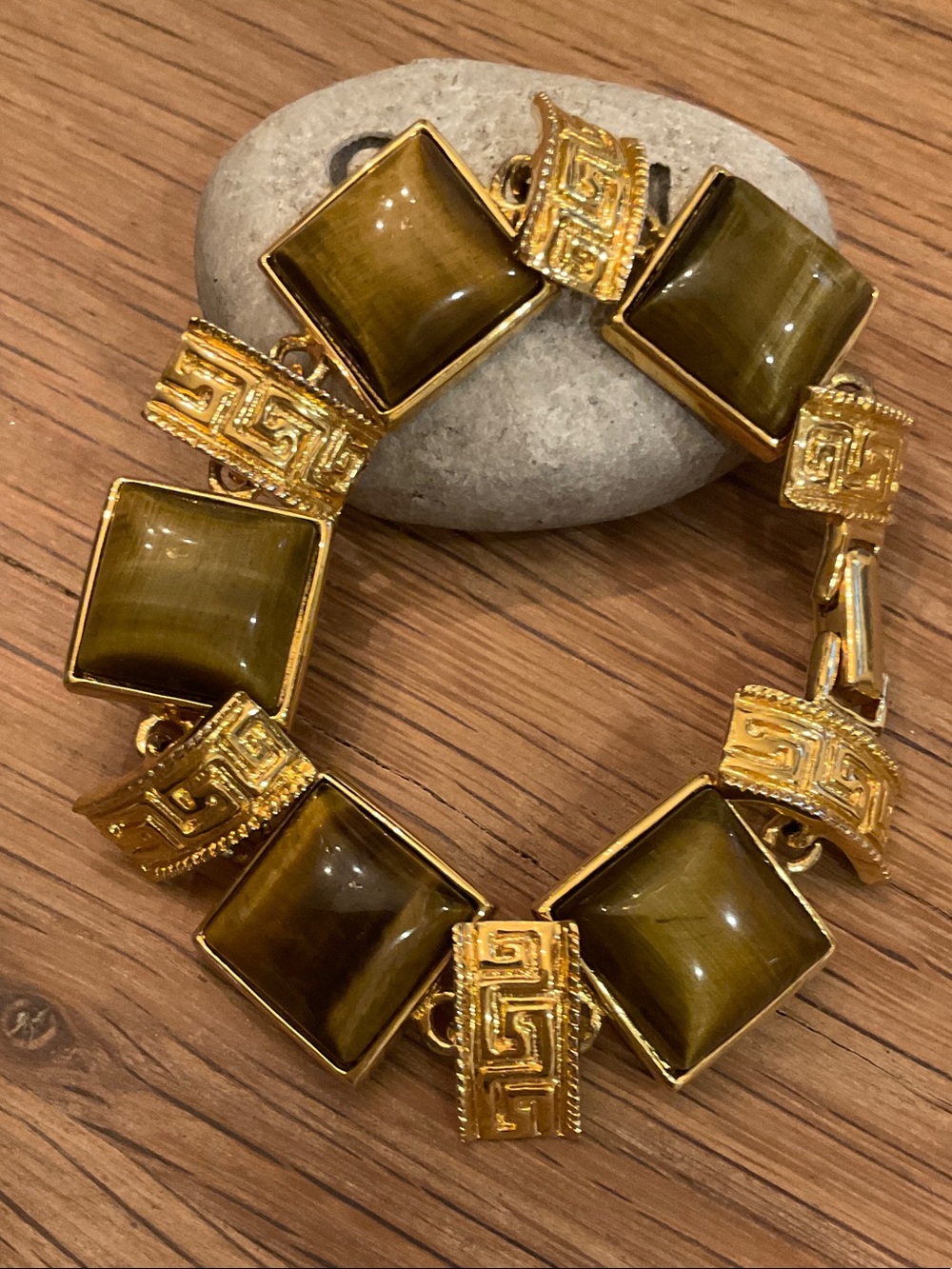 Vintage Tigers Eye Panel Statement Bracelet Gold Tone